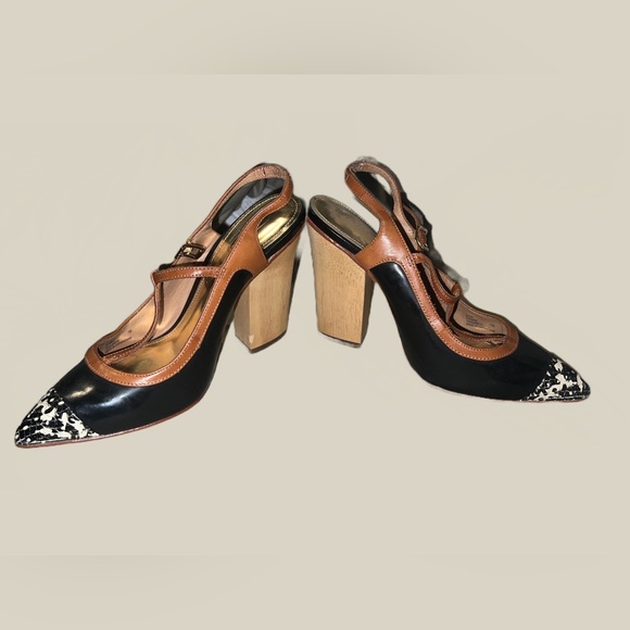 COACH Frankie Wood Block Heels w/ Snakeskin - Picture 3 of 6